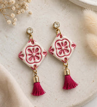 Load image into Gallery viewer, Handmade Tile Effect Tassel Drop Earrings - Pink