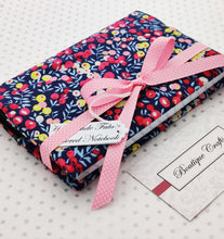Load image into Gallery viewer, Handmade Small Fabric Covered Notebook - Lined Paper - Navy Berries Print with Ribbon Ties - BoutiqueCrafts