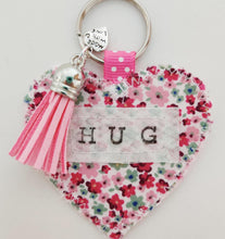 Load image into Gallery viewer, Handmade Pocket Hug heart fabric keyring with tassel - Pink Disty Print - bag charm - keychain - missing you gift - stay safe gift - BoutiqueCrafts