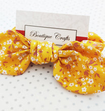 Load image into Gallery viewer, Cotton Hair Bow Scrunchie with small bow tails - Yellow Floral