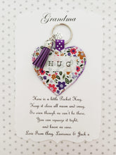 Load image into Gallery viewer, Handmade Pocket Hug heart fabric keyring with tassel - Folk Floral Print - bag charm - missing you gift - stay safe gift - BoutiqueCrafts
