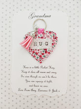 Load image into Gallery viewer, Handmade Pocket Hug heart fabric keyring with tassel - Pink Disty Print - bag charm - keychain - missing you gift - stay safe gift - BoutiqueCrafts
