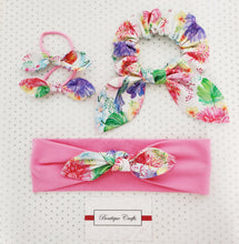Load image into Gallery viewer, Mummy and Me Headband Matching Set - Including Bow Scrunchie, Hair Bow Ties, Bow Headband - Humming Bird Floral - BoutiqueCrafts
