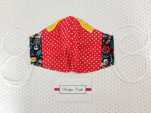 Load image into Gallery viewer, Halloween Face Mask - Removable Nose Wire - Filter Pocket - Adjustable Elastic Ties - Skeleton Print - Red Polka Dot Lining - BoutiqueCrafts
