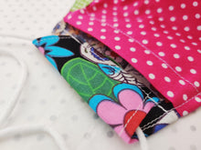 Load image into Gallery viewer, Halloween Face Mask - Removable Nose Wire - Filter Pocket - Adjustable Elastic Ties - Sugar Skull Print - Pink Polka Dot Lining - BoutiqueCrafts
