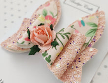 Load image into Gallery viewer, Bunny Ear Hair Bow Clip - Pink Floral and Glitter - BoutiqueCrafts
