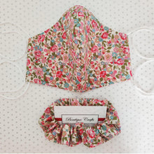 Load image into Gallery viewer, Face Mask and Matching Scrunchie Set - Country Floral Print - Pink Polka Dot Lining - BoutiqueCrafts
