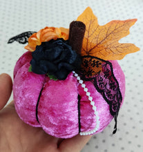 Load image into Gallery viewer, Fabric and Floral Pumpkin Decoration - Pink Velour

